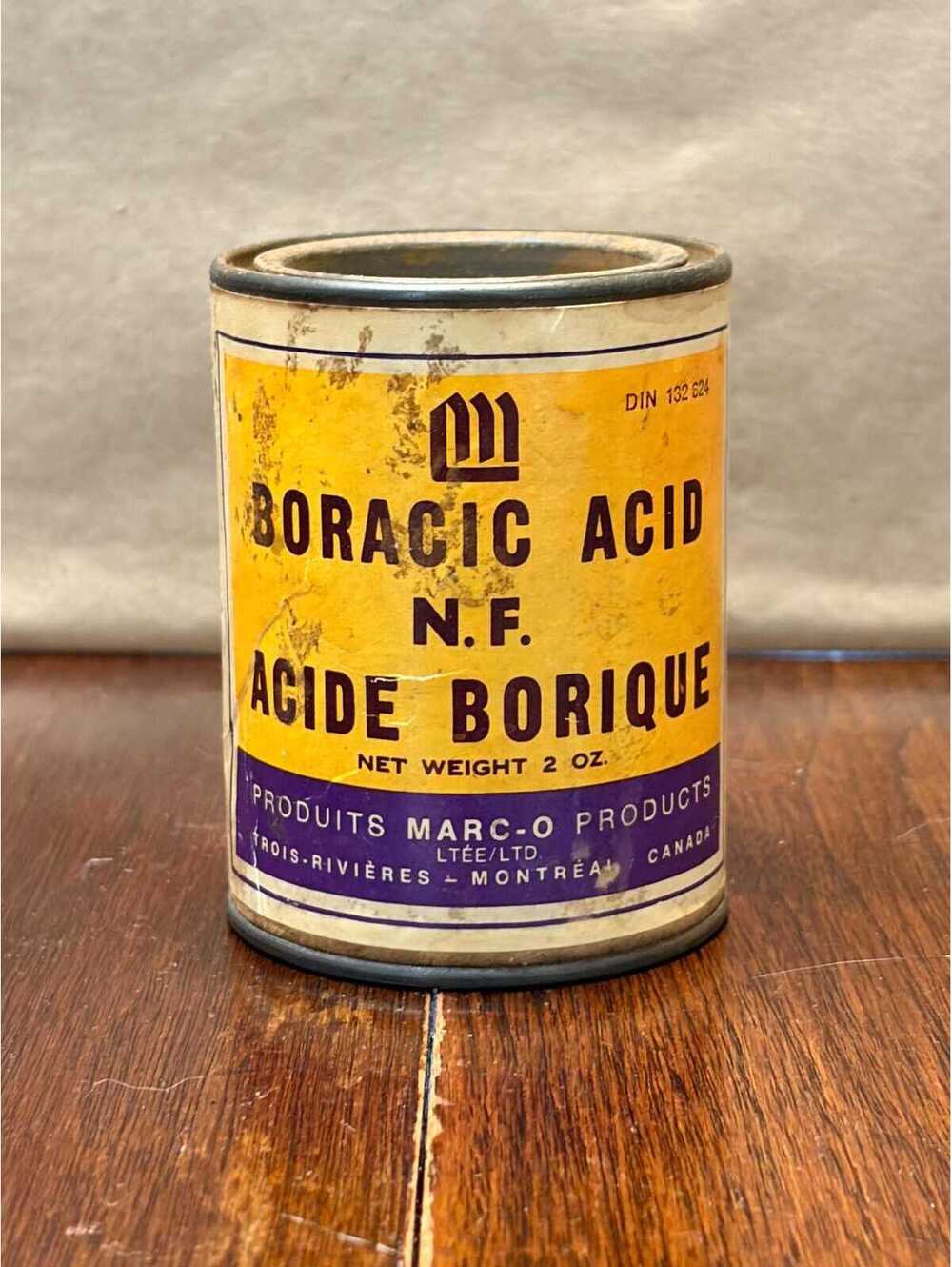 Vintage Boracic Acid Tin Can Canada Marc-O Products Montreal Acide Borique